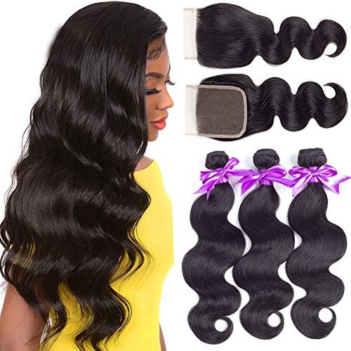 Brazilian Body Wave Bundles with Closure (12 14 16 +10, Free Part) 100% Unprocessed Brazilian Virgin Human Hair Weave Bundles with Closure Natural Black Color