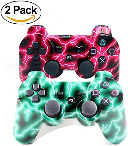 [2 Pack] Wireless Bluetooth Controller for PS3, Sixaxis Double Vibration Gamepad Remote for Playstation 3 with USB Charging Cable (Green Lightning + Red Lightning)