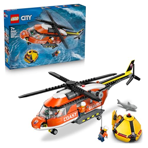 City Coast Guard Helicopter Toy - Emergency Vehicle Model Kit w/Sliding Doors, Winch, 4 Minifigures & Shark Figure - Birthday Gift for 7+ Year Old Boys - 60503