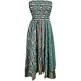 Mogul Womens Boho Recycled Vintage Sari Two Layer Printed 2 In 1 Strapless Dress and Maxi Skirts (Green, Black)