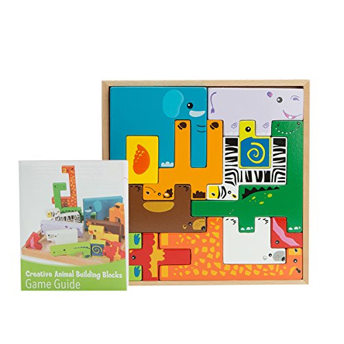 Wondertoys 13 Pieces Wooden Animal Blocks with Book Guide Stacking Game Educational Toys for Children Baby