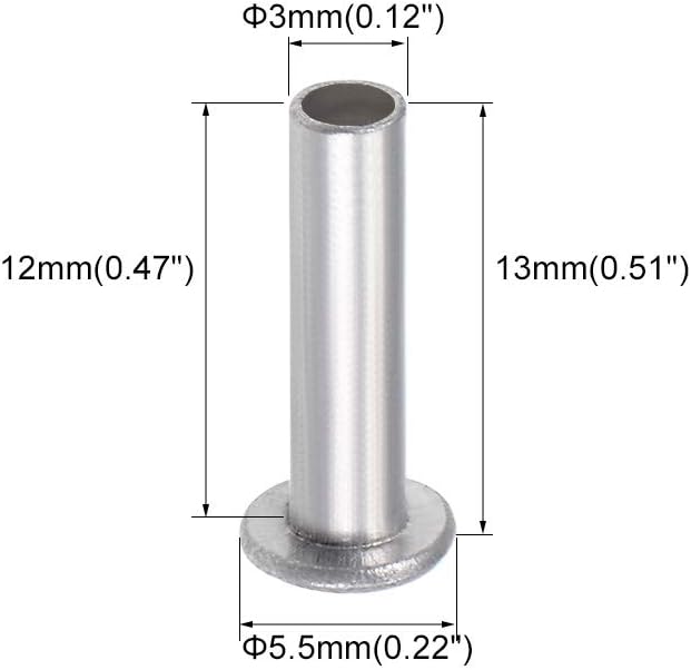 sourcing map 100 Pcs 3mm x 12mm Aluminum Flat Head Semi-Tubular Rivets Silver Tone, M3 x 12mm - Image 3