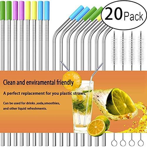 Stainless Steel Straws Set of 20 Reusable Drinking Straws Ultra Long 10.5 Drinking Metal Straws For Tumblers Rumblers Cold Beverage (8 Straight|8 Bent|4 Brushes)