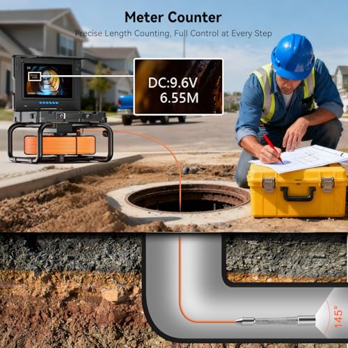 Caméra Endoscopique avec Mesure de Distance, 9'' Caméra d'inspection avec DVR, 23MM HD étanche IP68 Endoscopique Batterie de 4500mAh, Carte TF 32 Go, spécialement conçu pour Les plombiers (30M)