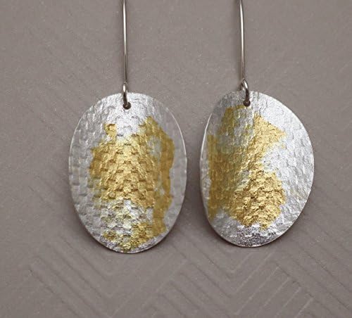 Large Curved textured Oval disc 23k gold accent Keum-Boo Dangle lightweight Earrings Sterling Silver