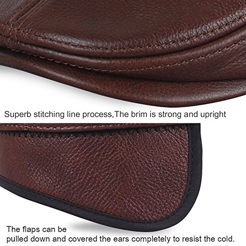 VEMOLLA Men's Real Cowhide Leather Beret Hunting Cap Beanie Trucker Cap Mens Sports Hat Red Brown M