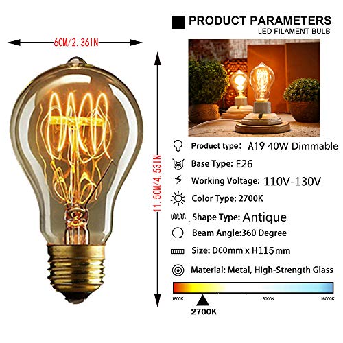 Dimmable 40W Edison Light Bulbs A19 Filament Vintage Bulb Antique Style