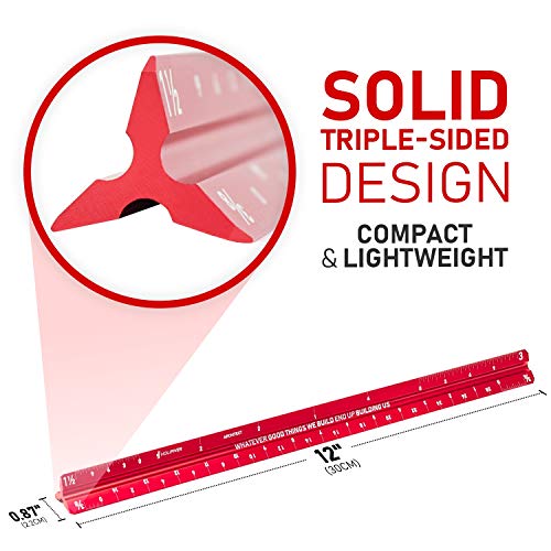 Holifiver Triangular Architectural Scale Ruler – 12” Imperial Scale for Blueprints, Engineering or Drafting – Perfect Gift for Students, Architects, Engineers – Aluminum Sleek Red Finish