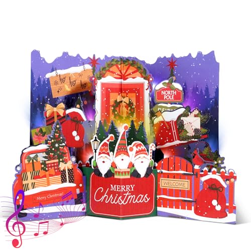 MZD8391 Christmas Card with Music & Lights, 3D Pop Up Merry Christmas Cards, Elf House Handmade Greeting Card, Xmas Gifts for Wife, Mom, Father, Sister, Son, Daughter