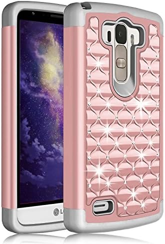 LG G Stylo Case,Jaweke Soft Silicone Hard Plastic Heavy Duty Shock Proof Studded Rhinestone Crystal Bling Diamond Hybrid Dual-Layer Armor Defender Protection Case Cover For LG G Stylo (Rose Gold/Grey)