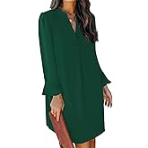 QACOHU Fall Dresses for Women 2026 Casual V Neck Long Sleeves Flowy Mini Tunic Dress