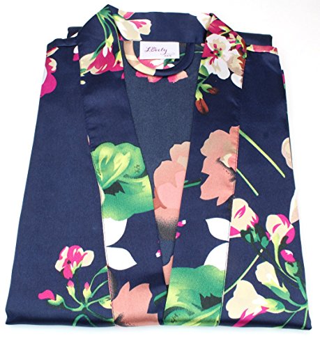 Ms Lovely Women's Floral Satin Bridesmaid Robe Short Kimono W/Pockets for Bridal Party - Dark Blue XS/S