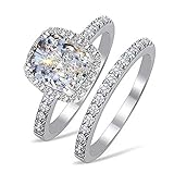 Venetia Top Grade 2.0 Carats Supreme Rectangular Emerald Cushion Cut NSCD Simulated Diamond Ring Band Set 925 Silver Platinum Plated Princess Wedding Promise Eternity