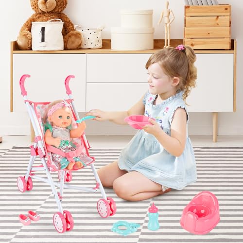 deAO 5-in-1 Folding and Portable Doll Accessory Kit with Doll 31 cm | Nursery Doll Accessories with Stroller, Cot Doll, Travel Bag and Baby Feeding Bottle, Role Play Gifts