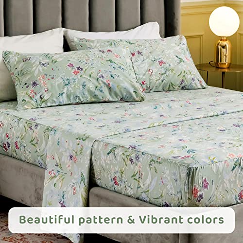 QSH Green Floral Queen Size Sheet Sets Green Flower Bird Butterfly