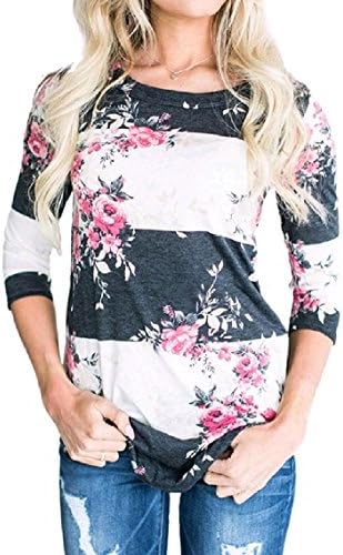 MirrorWomen Casual 3/4 Length Patterned Round Neck Tunic Tshirt Tops White S