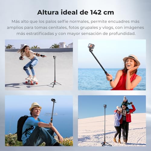 K&F CONCEPT Trípode y Selfie Stick Telescópico de 142 cm / 55,9", Bastón Portátil 2 en 1 con Base, Compatible con dji Osmo Action 6, dji Osmo Action 5 Pro/4/3, GoPro Hero 13/12/11/10/9/8