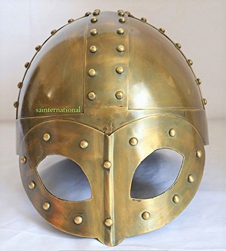 Brass Plated Ancient Medieval Viking Mask Helmet W/Liner & Chin Strap For Man-Replica