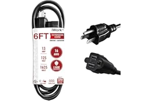 iWork 6ft Black Extension Cord, 16/3 SJTW Heavy-Duty, 3-Prong Grounded Plug, Weather-Resistant Power Strip Cable, UL Listed, 13 Amp/1625 Watt Capacity, 6-Foot Extension Cords for Indoor & Outdoor Use
