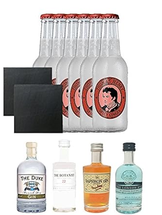 Gin Probierset 1 x London Blue Gin 5 cl + Botanist 5 cl + Duke 5 cl + 1 x Saffron 5 cl + 6 x Thomas Henry Spicy Ginger 0,2 Li