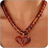 VEDAIM Acrylic Puffy Heart Pendant Necklace Chunky Geometric Beaded Statement Necklace Jewelry Gift- Brown