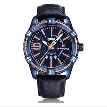 NAVIFORCE Genuine Black Leather Analog Wristwatch with Day & Date Function for Men - Black Golden + Kids Sport Watch (Blue)