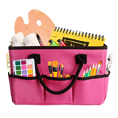 ZKOO Desktop Tote and Stock Organize, Multiple Pockets Teacher Helper Tote Bag Organization for Arts, Books, Stationery and Office Desk Organize, Make-up Case with Handles Craft Organizer (Pink)