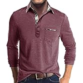Mens Long Sleeve Polo Shirts Casual Button Moisture Cotton Tees Stylish Tops Golf Shirts with Pocket