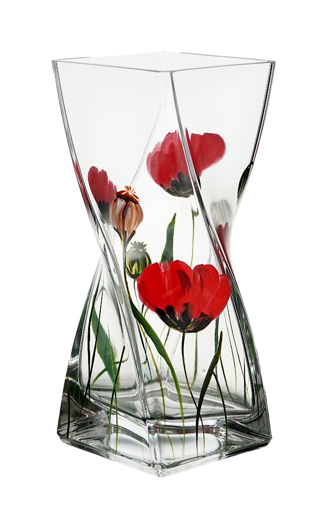 Nobile Glassware WILD POPPY Contemporary Square Twist Design Glass Flower Vase - Mouth Blown/Hand Decorated Glass - Red/Green - 20 cm, 2310-22