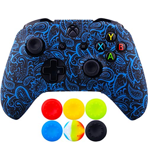 9CDeer 1 Piece of SiliconeTransfer Print Protective Cover Skin + 6 Thumb Grips for Xbox One/S/X Controller Foliage Blue