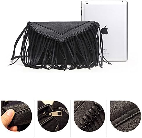 Ladies Lightweight PU Tassel Hobo Satchel Crossbody Bag Organiser Handbag Shoulder Messenger Pouch (Black)