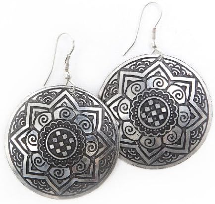 Brass Sun Medallion Earrings Silver Tone