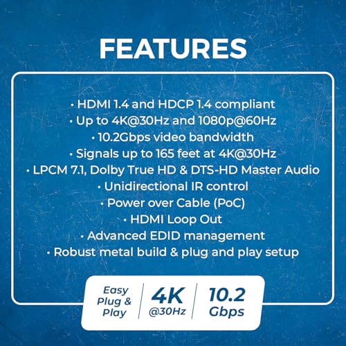 OREI 1x4 HDMI Extender Splitter Multiple Over Single Cable CAT6/7 1080P with IR Remote EDID Management - Up to 165 Ft - Loop Out - Low Latency - Full Support