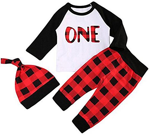 Younger star Newborn Baby Outfits Long Sleeve T-Shirt With Red Plaid Pant and Hat Christmas Costume (White, 6-12 Months)