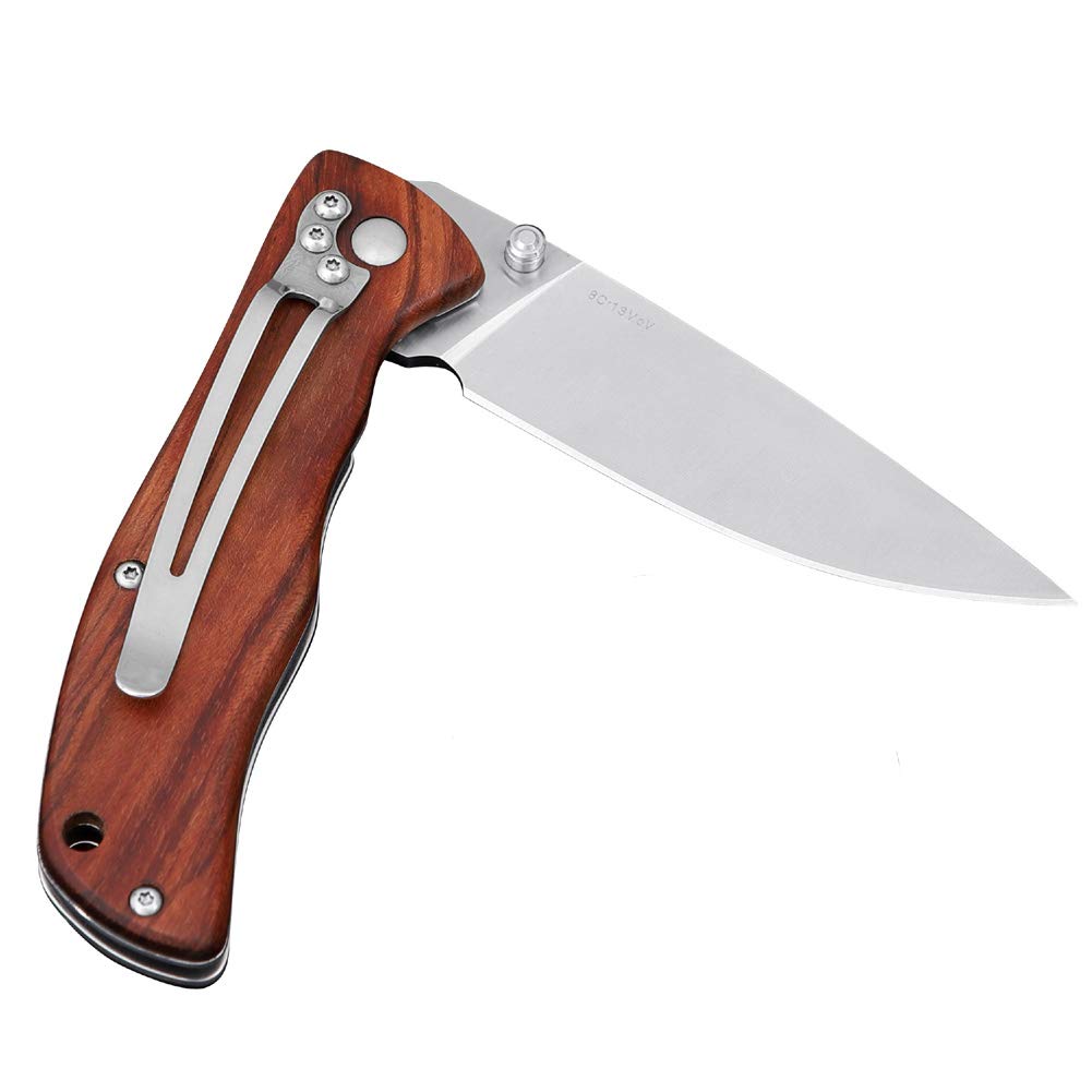 Liner Lock Folding Knife with 8Cr13MoV Stainless Steel Blade, Brown Wood Handle, Belt Clip Outdoor Hunting Camping Tactical Tool EDC Pocket Knives
