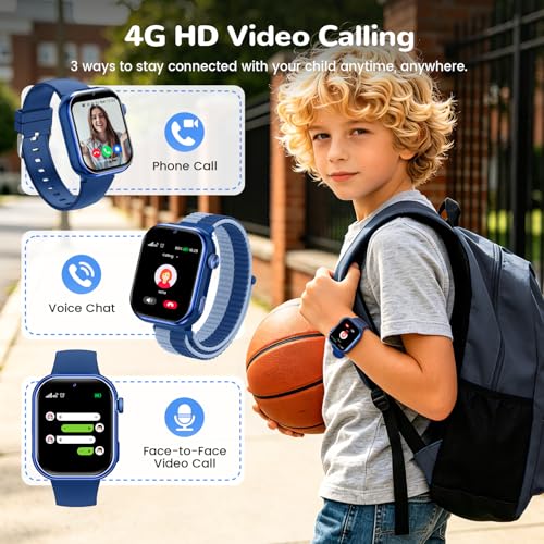 4G Children's Smart Watch with GPS, Video Call, Voice Chat, Dual Camera, SOS, School Mode, Pedometer, Alarm Clock, Camera, IP68, Smartwatch for Boys Girls, Blue