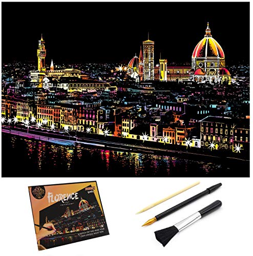 Scratch & Sketch Art Paper for Adults & Kids, Scratch Paper Rainbow Painting Sketch Pads DIY Art Craft Night View Scratchboard with Clean Brush,Scratch Coloring Pen,16 X 11.2 Inches (Florence)