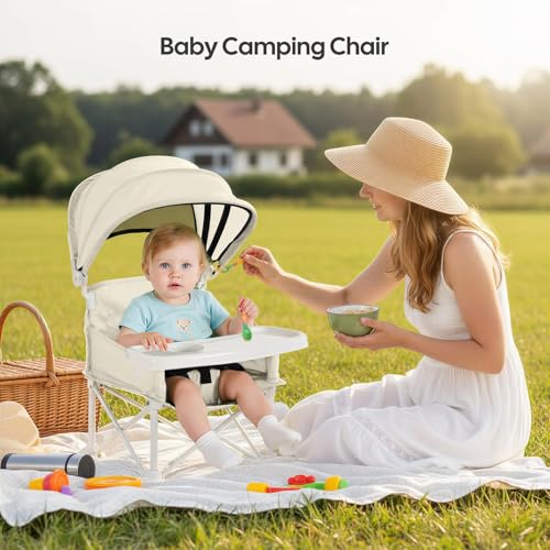 Portable Baby Chair, Foldable Toddler Booster Seat, with Removable Tray, Canopy and Safety Harness, Baby Sit up Chair, Portable Seat for Kitchen Chair (Beige)
