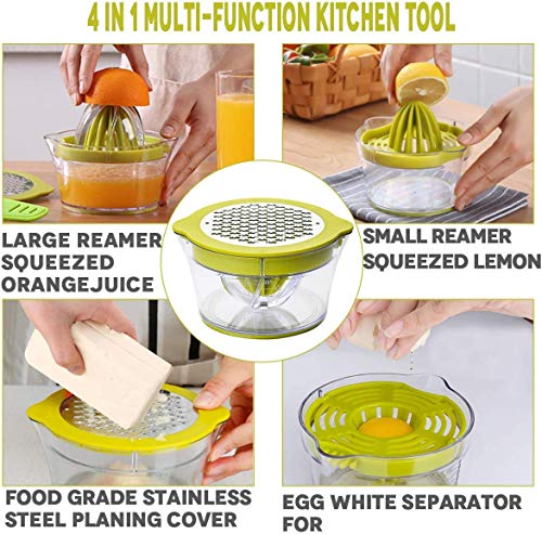 Citrus Lemon Orange Juicer, Manual Hand Squeezer with Built-in Measuring Cup and Grater 12OZ 4 in 1 Multi-function Manual Juicer with Multi-size Reamers, Egg Yolk Separator, Ginger Garlic Grater Green