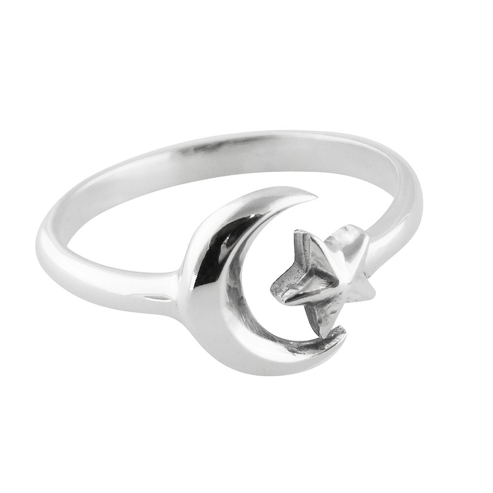Sterling Silver Adjustable Crescent Moon and Star Ring