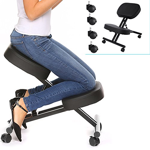 [US Stock] Ergonomic Kneeling Chair Adjustable Posture Task Stool for Computer Home Office Working with Thick Comfortable Cushions and Wheels (Black) - Thumbnail 7