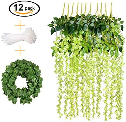 12 PCS, 3.6 feet, Artificial Wisteria Vine Ratta Hanging Garland Silk Flower String Set || Come with a 7 feet Leaf Vine String and 18 pcs Zip Ties || By KooCoo Mummy (Green)
