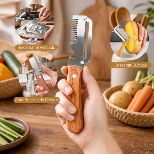 Pelador Multifuncional de Verduras 2026 Upgrade con Mango de Madera, Cuchillo Pelador de Acero Inoxidable 3 en 1, Rallador de Cebolla y Abridor de Botellas, para Cocina, Camping y BBQ (2pcs)