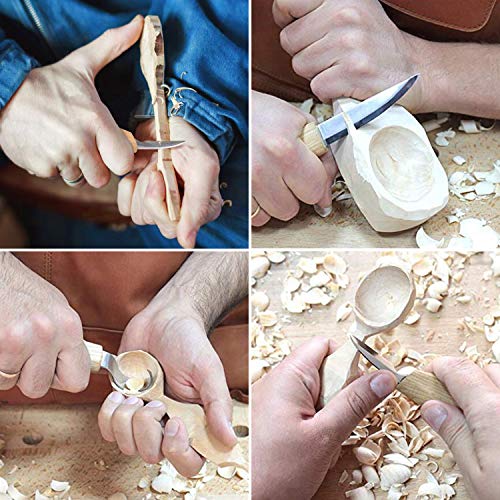 ETEPON Wood Carving Tools Set Knifes for Spoon Carving, Whittling Knife + Hook Knife + Detail Knife + Sharpening Leather Strop + Polishing Compound in a Portable Canvas Bag Roll ET014