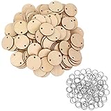 Bememo 100 Pieces Round Wooden Discs with Holes Birthday Board Tags and 100 Pieces 15 mm Rings for Arts and Crafts (3CM)
