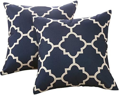 Sunday Praise Accent Linen Throw Pillow Covers Simple Geometric Pattern, Handmade Cushion Case For Couch Sofa Bed Chair Home Decor, 18X18 Inches,Pack of 2,Navy,Design 4
