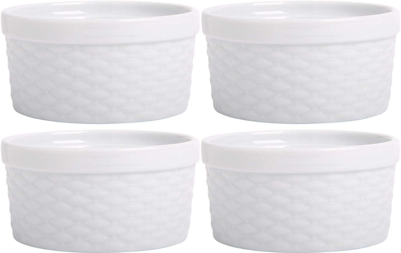 Palais Dinnerware Ramekins Collection - Porcelain Souffle Dishes (4 Oz - Set of 4, White - Basket Weave Finish)