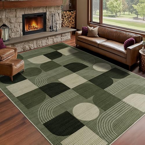 Calinline Luxury Large Area Rugs for Living Room, Modern Geometric Abstract Bedroom Rugs, 200x300cm Green Soft Short Pile Lounge Rug, Non Slip Washable Carpet for Dining, Hallway, Office Home Decor