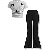Klyatpxoen Girls Clothes 2 Piece Short Sleeve Lace Bow Print Tops Flared Pants Set Little Girl Outfits Size 7-14