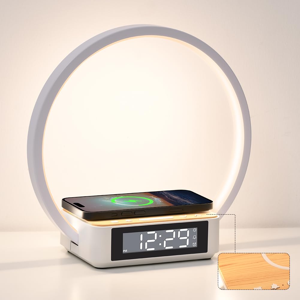 Photo 1 of WILIT Bedside Lamp with Alarm Clock,Touch Lamp with Wireless Charger,Nightlight for Bedroom,Sunrise Wake-up Light,3-Grade Dimmable,Birthday Gifts for Her,Women,Men,Mom,Daughter,Girlfriend(Wood Grain)